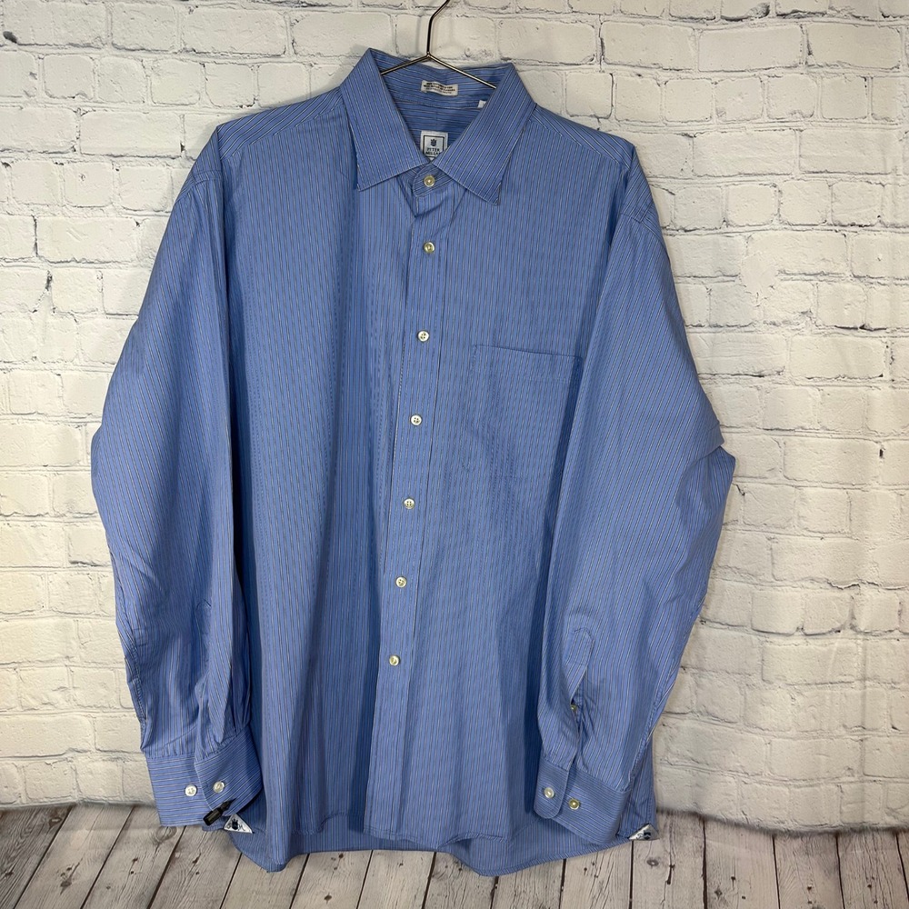 Peter Millar Mens 17.5 L Blue Striped Cotton Button Down Shirt Made in Canada
